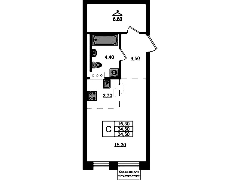 Квартира студия 34.5 м², 4/7 эт., ЖК «Курортный квартал»